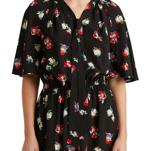 Lauren Ralph Lauren Sherolynn Floral Crepe Tie-Neck Midi Dress Black Red Size 8 - Picture 7 of 12